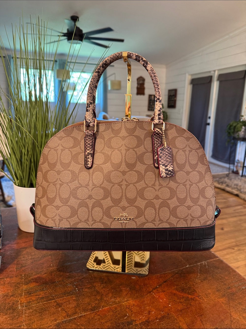 Coach Brown Signature Dome Satchel with Black Croc Trim and Python Handles & HT